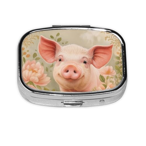 Pig with Flower Pill Box Portable 2 Compartment Pill Case Hold Vitamins