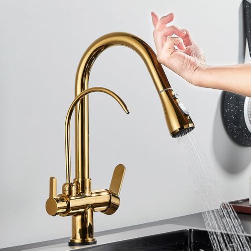 Mitigeur de cuisine tactile pour eau filtrée design contemporain chrome et or brossé