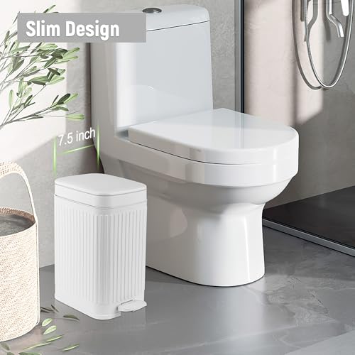 Image of rejomiik Small Bathroom Trash Can with Lid Slim Soft Close Garbage Can Step Wastebasket Container Trash Bin for Office Bedroom Kitchen Living Room (1.9 Gallon White)