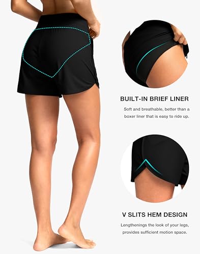 G Gradual Women's 4'' High Waisted Swim Board Shorts Quick Dry Swimming Bathing Suit Bottoms for Women with Pockets Liner3