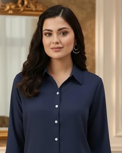 Image of Women's Viscose Rayon Button Down 3 /4 Sleeves Collar Neck Plain Formal Shirt Pack of 1