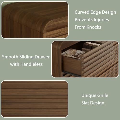 Image of 5 Drawer Dresser for Bedroom, 45 inch Tall Fluted Dresser with Curved Edge and Ergonomic Handleless, Large Wooden Clothes Storage Organizer, Modern Chest of Drawers for Closet, Living Room, Walnut