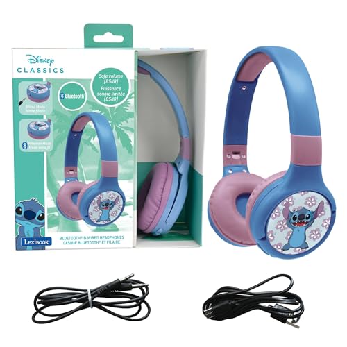 LEXIBOOK - Disney Stitch - Auriculares 2 em 1 Bluetooth e com cabo com microfone e botão de controlo, dobráveis e ajustáveis, bateria recarregável de longa duração, HPBT010DLXB