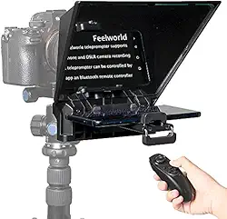 FEELWORLD TP2 Teleprompter Portátil de 8 Polegadas para Laptop, Câmera DSLR, Tablet, Smartphone, iPad - Com Controle Remoto, Sem Necessidade de Montagem de Parafusos
