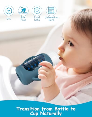 Image of Sippy Cup Conversion Kit with Silicone Sleeves for Dr Browns Narrow and Narrow Glass Baby Bottle 4oz, Weighted Straw Replacement Kit with Soft Straw Top and Handle,2-Pack，6m+
