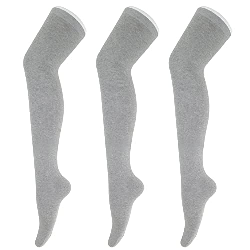 Image of Tom & Mary Women's Thigh High Socks, Combed Cotton (85%), Non-Slip, Soft, Stripe & Solid Colors, Over Knee Extra Long Socks (Grey) (3 Pairs)