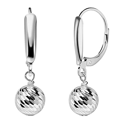 Sea of Ice Sterling Silver Ball Beads Leverback Drop Dangle Earing– Diamond-Cut 8mm Ball Beads - Elegant Sterling Silver Earrings for Women – Nickel-Free Jewelry Cover