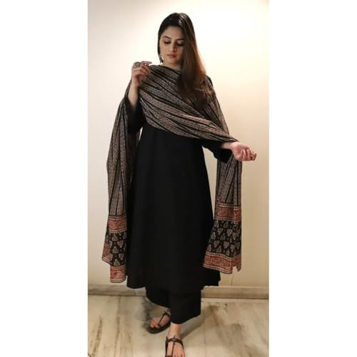 Image of GoSriKi Women's Rayon Viscose Anarkali Solid Kurta with Pant & Dupatta