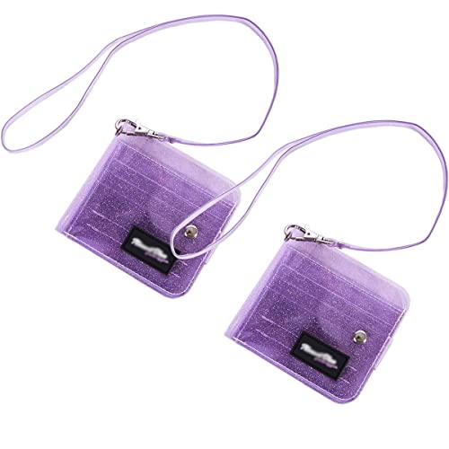 Pack of 2 Clear Bifold Wallet Small Purse, Cute PVC Jelly Wallet ID Card Case Holder with Neck Lanyard for Women Girls, Purple