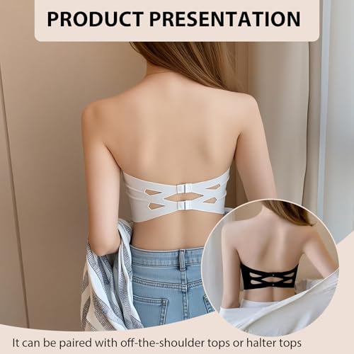 3pcs Strapless Bra Bandeau Seamless Soft Ladies Boobtube Tops Stretchy Wireless Bralette with Bust Pad Padded Crop Top Invisible Shoulder Strap Underwear Tube Underwire Free Bras for 18-40 Years Women - Image 2