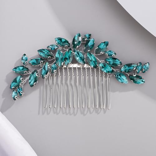 Image of Octwine Bride Wedding Silver Green Red Rhinestone Crystal Hair Comb Wedding Party Prom Hair Headpiece Bridal Wedding Hair Accessories for Women (Peacock blue)