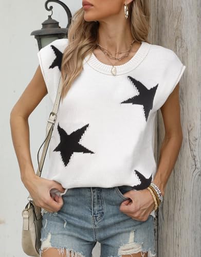 Image of Alsol Lamesa Women's Stars Pattern Cap Sleeve Sweater Vest 2024 Pullover Sleeveless Knit Crew Neck Tops, Large, 911 White