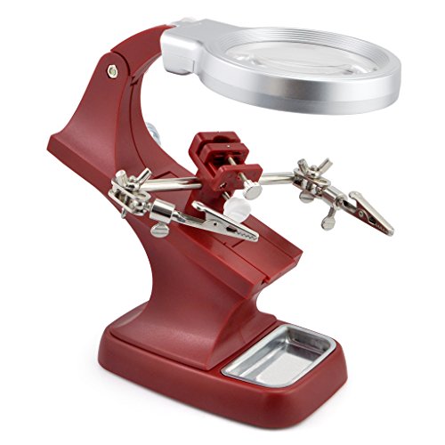 OLLGEN 10 LED Lighting 3X Main Lens 4.5X Accessorial Lens White Auxiliary Alligator Clip Magnifier Third Helping Hands Soldering Solder Iron Stand (Red)