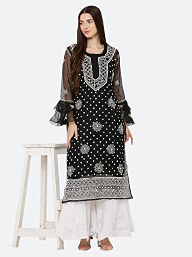 Image of FAWOMENT Women's Designer Georgette Straight Kurta with Hand Crafted Lucknowi Chikankari Embroiderey Emblemished Moti Work Along