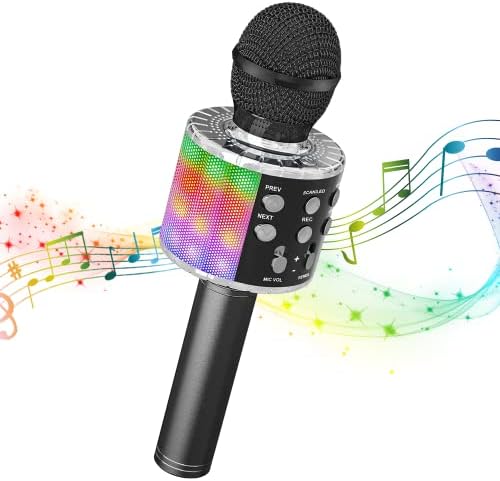 iUse Wireless Karaoke Microphone, Portable Handheld Singing Karaoke Speaker 4 in 1 Portable Mic Speaker Music Player with LED Lights Adjustable Remix for Kids Adults Birthday Home Party (Black)