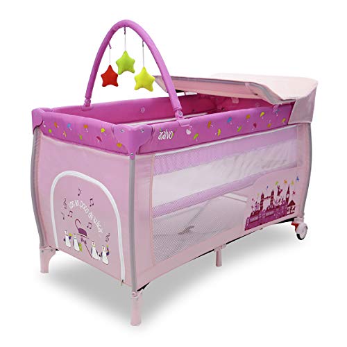 ASALVO Cuna de viaje 120x60 Mix Plus de 0 a 15kg / 3 EN 1. Cuna, Parque y Cambiador. Plegable. Transportable y de altura ajustable, incluye bolsa de transporte, ruedas y juguetero. Rosa London