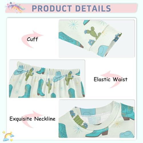 Pajama Sets Long Sleeve Blue Cowboy Boots Hats Cactus Soft Comfy Sleepwear 2 Piece PJS 3-8T4