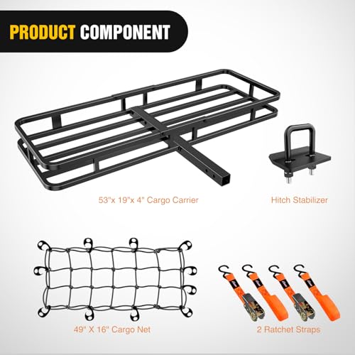 Image of Nilight 53 inch X 19 inch X 4 inch Hitch Cargo Carrier Fits 2-inch Hitch Receiver 500 Lbs Capacity Basket Cargo Net|Ratchet Straps|Hitch Stabilizer for SUV Pickup Camping Traveling