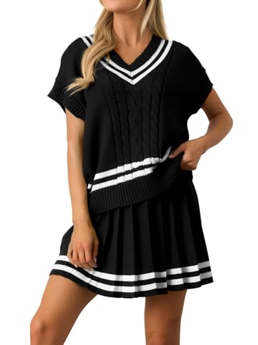 Women 2 Piece Skirt Sets Summer Short Sleeve Cable Striped Knit Tops and Pleated Mini Skirt Two Piece Outfits