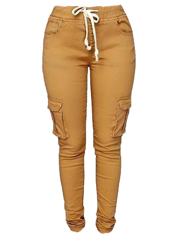 Andongnywell Womens Solid Color Drawstring Skinny Pants Stretch Cargo Joggers Casual Pockets Pants Tie Butt Lift Pant
