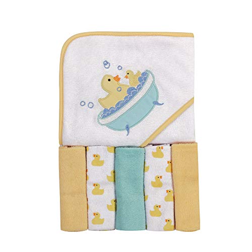 Image of Luvable Friends Unisex Baby Hooded Towel with Five Washcloths, Bathtime Duck, One Size