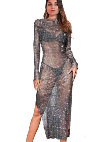 Consejos y comparativas para Comprar Mallas de vidrio para baños disponible en línea. 37 Aukmla - Vestido de malla con diamantes de imitación para mujer, color negro, transparente para cubrir vestidos de playa, bikini, festivales, malla de rejilla, Negro -, Talla...