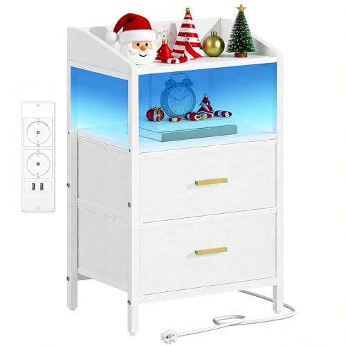 Hzuaneri Nachttisch mit LED-Leuchten und Ladestation, Beistelltisch mit 2 Stoff-Schubladen und Regalen, mit USB-Anschlüssen & Steckdosen, für...