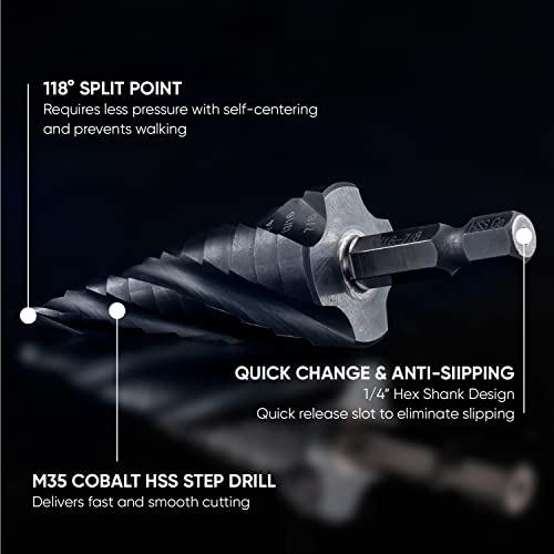 Augtouf 6974157528141 Toolant Four Spiral Flute Cobalt Step Drill Bit(Pro), 3/16 Inch - 7/8"(12 Step Size) Impact Ready Unibit Step Drill Bit, 1/4 Inch Hex Shank Step Bit For Metal, Stainless Steel thumb #5