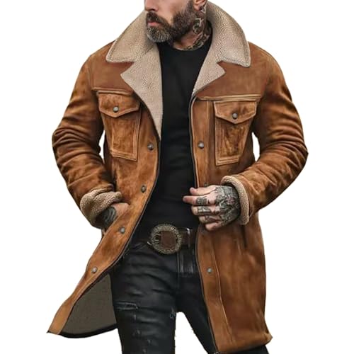 Winterjacke für Herren, Vintage-Jacke aus Wildleder, umgekehrter Kragen, mit Fleece gefüttert, warmer Arbeitsmantel mit Knopf und Taschen, langärmlig, Sherpa, weich, 01 Gelb, XL