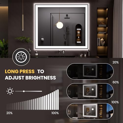 LOAAO 48"X40" LED Bathroom Mirror Black Framed, Anti-Fog, Dimmable, Lighted Bathroom Vanity Mirror for Wall, Memory Function, Tempered Glass