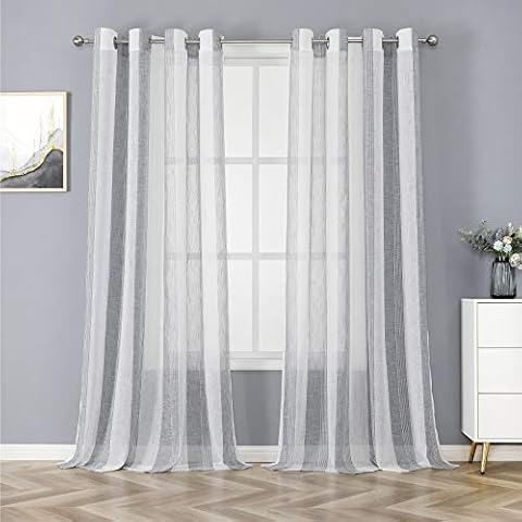 Haperlare Grey Striped Sheer Curtains for Living Room, Grommet Top Farmhouse Vertical Stripe Voile Sheer Curtains for Bedroom Yarn Dyed Woven Linen Textured Window Curtains, 55" W x 54" L, 2 Panels Cover