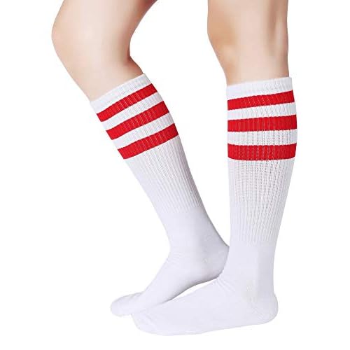 Pareberry Classical Triple Stripes Soft Cotton Over-the-Calf Retro Tube Socks One Size A-pair(red/White)