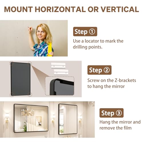 New Upgrade Bathroom Mirror, 40X30 Inch Black Metal Frame Wall Mounted Rounded Rectangle Bathroom Vanity Mirror with Tempered Glass for Washroom Bedroom Living Room