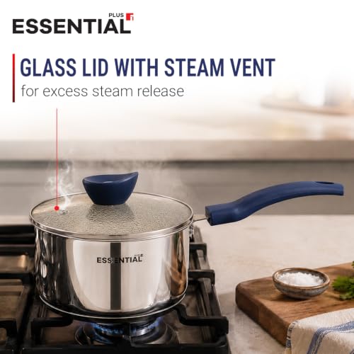 Image of Bergner Essential Plus Stainless Steel 5 Pcs Cookware Set - 22cm /2.5L Kadai with Lid, 22cm Frypan, 16cm /1.5L Saucepan with Lid, Sturdy Bakelite Handles, Even Heating, Thick Triply Bottom