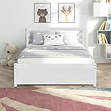 JINS&VICO Full Size Platform Bed with Headboard, Solid Wood Bed Frame with 12'' Under Bed Clearance,