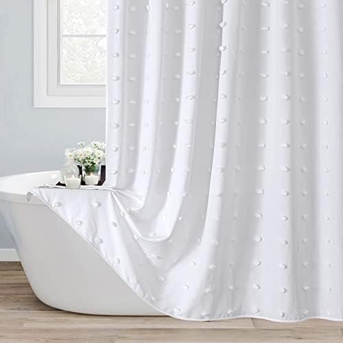 MitoVilla White Boho Fabric Shower Curtain, Modern Farmhouse Shower Curtain with Cute Simple Tufted Pleat Floral for Rustic Vintage Bathroom Decor, Soft & Wrinkle Resistant, 72 x 72