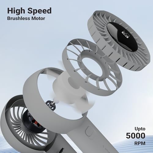 Image of Zebronics Heat Buster 200, Portable Hand Fan, Upto 12h Backup, 3600mAh Rechargeable Battery, 5 Speed Modes, Upto 5.9m /s Airflow, LED Display, for Travel, Makeup, Office, Home (Grey)