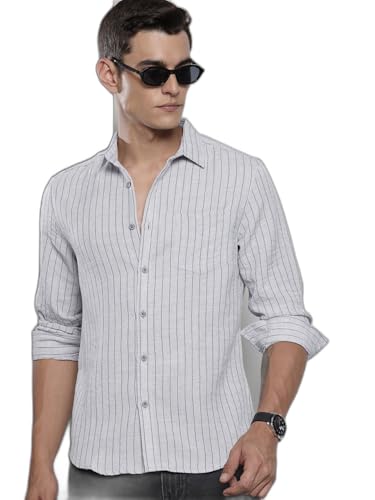 Image of The Indian Garage Co Men Slim Fit Striped Full Sleeves Cutaway Collar Casual Shirt