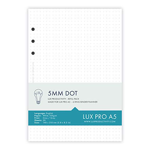 LUX PRO A5: 5mm Dot - LUX Productivity Refill Pack - Planner Page Inserts - Compatible with The LUX PRO A5 6-Ring Binder Organizer