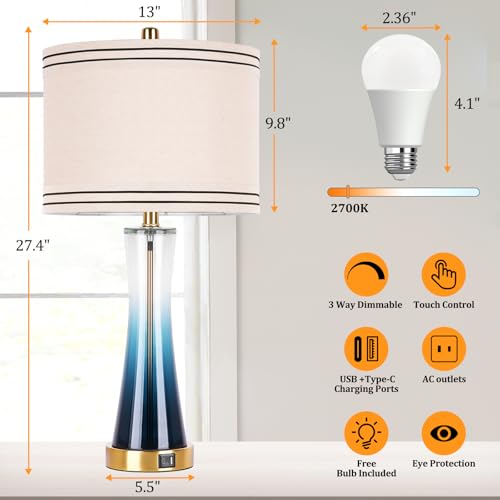 Set of 2 Modern 27.4 Dimmable Touch Table Lamps with USB Ports - Blue