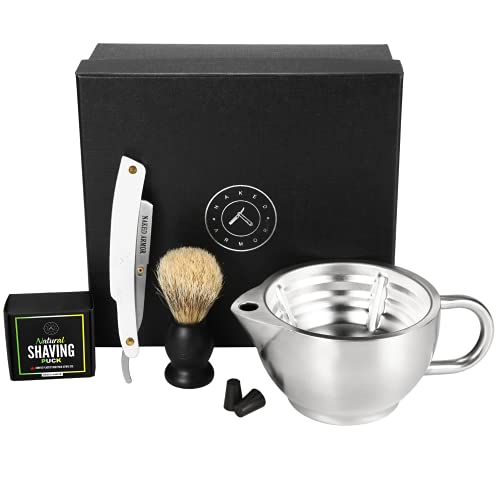 Silver Fox Shaving Scuttle Mug Kit - Shaving Bowl With Shavette, Shave Soap, Shave Brush, Stainless Steel Scuttle Shaving Mug, Keeps Your Lather Hot, Creamy Lather, Hot Shave At Home Daily, Great Gift