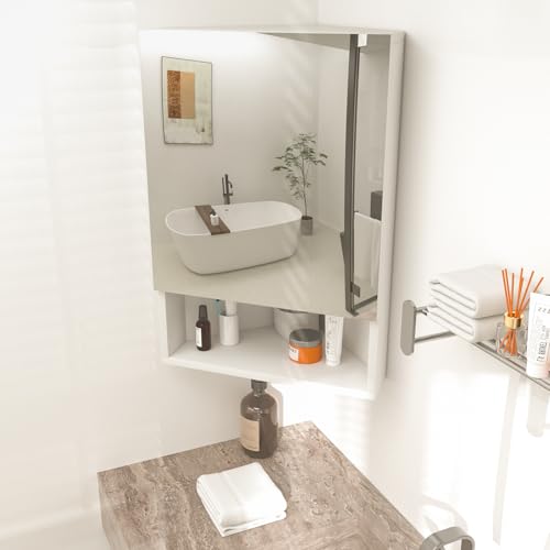 Msutree Armoire de salle de bain d'angle murale avec miroir et porte en verre pour salle de bain