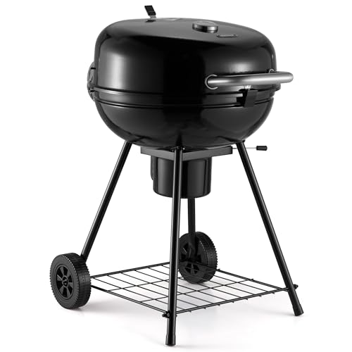 VonHaus Charcoal BBQ 22.5 Portable Kettle Barbecue with Warming Rack Temperature Gauge Storage Shelf Wheels Lockable Lid Removable Ash Cup Large Cooking Grill Grill Meat Fish & Vegetables