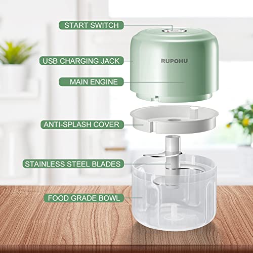 Rupohu Wireless Electric Mini Food Choppers, Green Powerful Electric Garlic Chopper，Small Food Processor For Garlic Pepper Chili Onion Celery Ginger Meat With Spoon And Brush（100+250Ml) #TOP2
