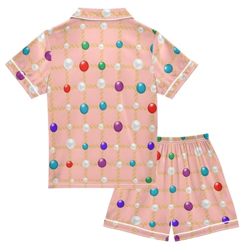 Satin Pajama Sets Short Sleeve Colorful Beads on Grid Button Down Silky Nightwear 2 Piece PJS 5-14Y2