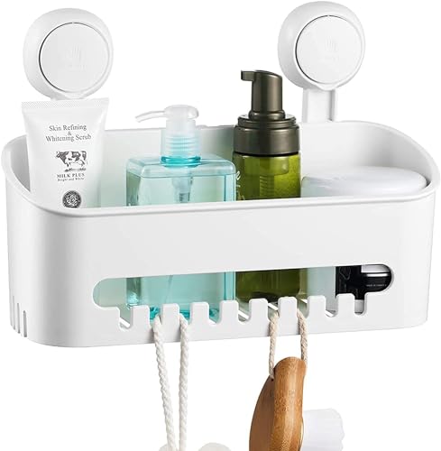 ilikable Vacuum Shower Caddy Suction Cup No-Drilling Removable Waterproof Bathroom Wall Shelf Shower Basket Storage Organizer for Shampoo Conditioner Razors Soap - Milky White
