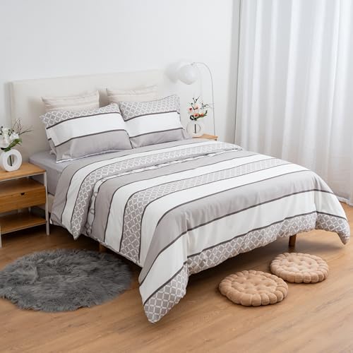 Juego de Funda Nórdica 4 Piezas para Cama 150 - Funda Edredón 240x220 cm, Sábana Bajera 150x200+28 cm, 2 Fundas de Almohadas 50x90 cm - Microfibra Suave y Transpirable - Rayas Elegantes