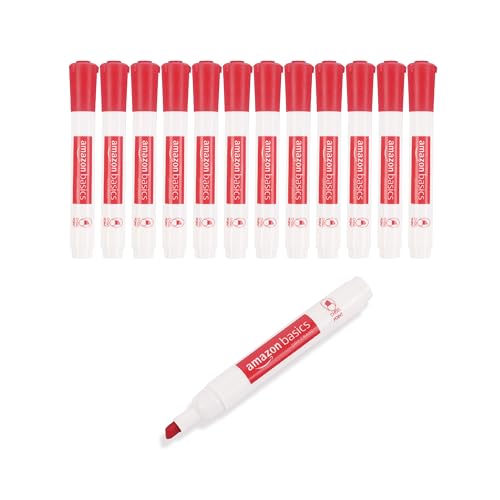 Image of Amazon Basics Dry Erase Whiteboard Markers, Chisel Tip, Low-Odor, Red, 12-Pack, For Writing on Whiteboards