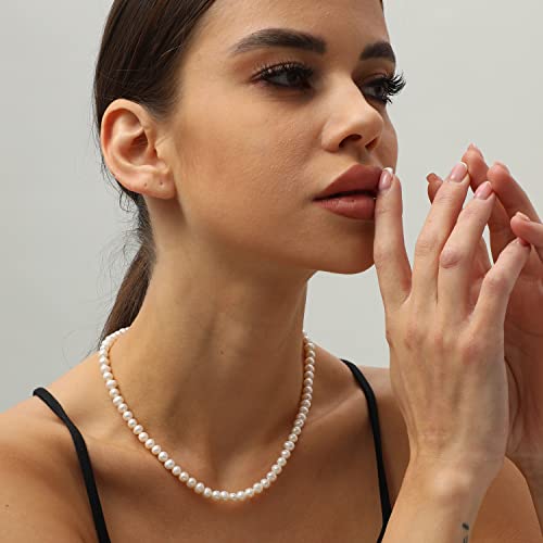 XYJZXY Pearl Necklace with Golden Charm, 18-Inch Adjustable Chain, 5-6mm White Pearls, Women Pearl Choker Necklace, Handmade Jewelry3