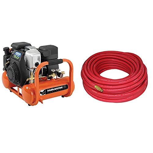 Industrial Air Contractor 4 Gallon Portable Pontoon Air Compressor with 5 HP Honda Gas Engine & Good Year 12674 Rubber Air Hose Red, 50-Feet x 3/8-Inch